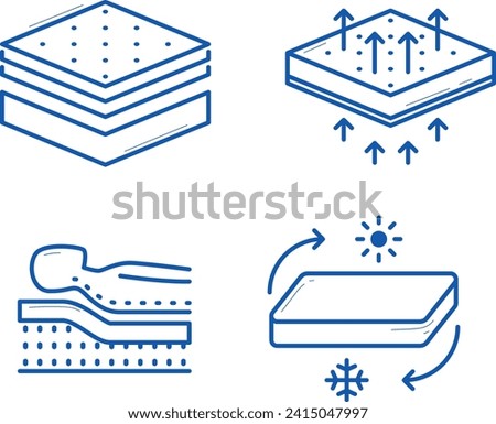 Four line icons representing mattress layers, breathability, comfort, and temperature control. Blue outline icons for bed, sleep, and mattress features vector illustration.