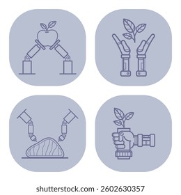 Four line icons of robotic hands nurturing nature. Robotic hands handling piece of meat, heart-shaped apple and plants