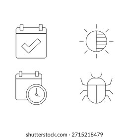 Four line icons for scheduling, time, sun mode, and bug.
