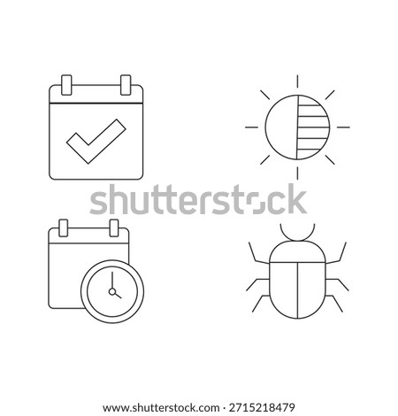 Four line icons for scheduling, time, sun mode, and bug.