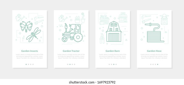 Cuatro banderas de jardín lineales sobre blanco - insectos, tractor, granero, manguera