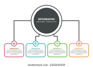 Four linear pictograms inside colorful squares connected with main element by lines with percentage indication. Flowchart. Creative vector illustration for presentation, diagram of marketing