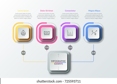 Four Linear Pictograms Inside Colorful Squares Connected With Main Element By Lines With Percentage Indication. Flowchart. Creative Vector Illustration For Presentation, Statistical Report, Brochure.