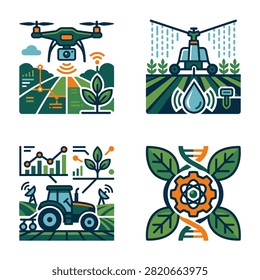 Four linear vector icons illustrating smart farming technologies including drones, automated irrigation, agricultural data analysis, and genetic modification of plants.