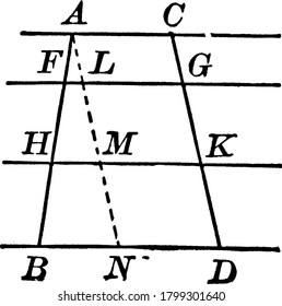 Four lines drawn through parallel to each other and two lines intersecting from point A to B and C to D, vintage line drawing or engraving illustration.