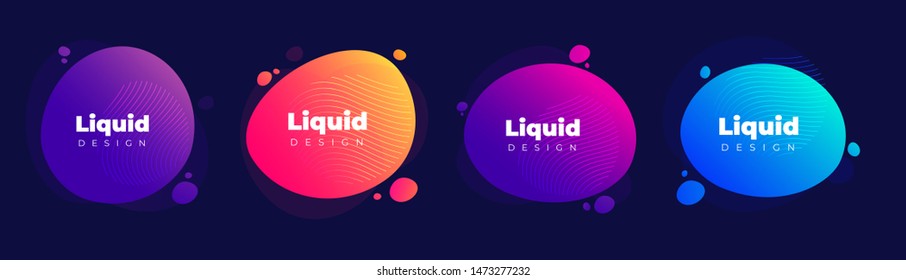 Four Liquid color covers set in dark background. Flow, fluid shapes composition.Violet, yellow and blue colors. Teamplate futuristic gradient design. Vector illustration.