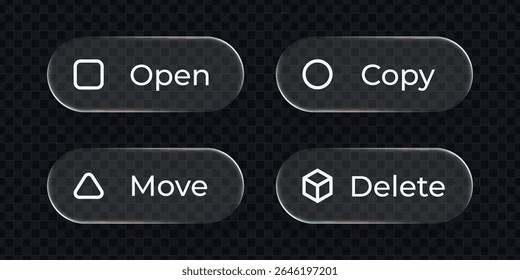 Four liquid glass buttons for interface design. Open, copy, move, delete vector icons for user experience and modern UI.