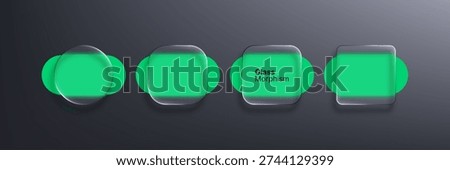 Four liquid glass morphism vector frames with transparent effect over green circles. User interface design and abstract web element.