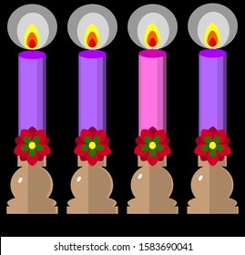 Four lit advent candles on stands