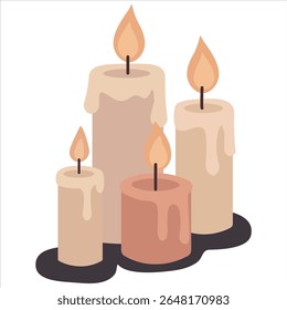 Four lit candles of varying heights and soft pastel colors (cream, beige, peach) with dripping wax, placed on a dark, simple base. Creates a warm, cozy, and decorative mood.