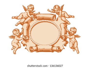 Four little angel with a horizontal parchment. In three colors on a white background