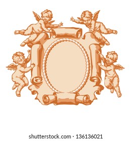 Four little angel with a vertical parchment. In three colors on white background