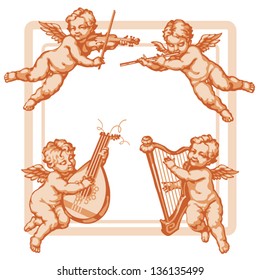 Four little angels with musical instruments. In three colors on a white background. Corner units vignettes