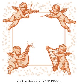 Four little angels with musical instruments. Vignette on a white background.