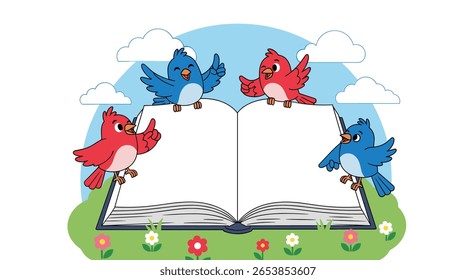 Four little birds sitting on a big open book under a sunny sky with clouds and flowers