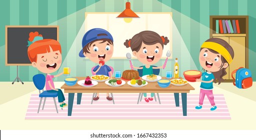 Four Little Children Eating At Kitchen