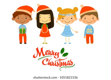 Four little children in holiday costumes. Merry Christmas and Happy New Year. Cartoon boys and girls characters. Flat vector elements for greeting cards