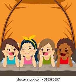 Four Little Cute Girls Friends Camping Inside Tent At Night