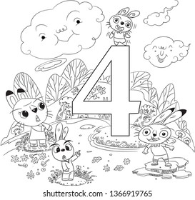 Four little cute rabbits in the forest.Hand drawn vector illustration for preschool coloring,counting coloring illustration,background,decoration,animals cartoon illustration,graphic design,clip arts.