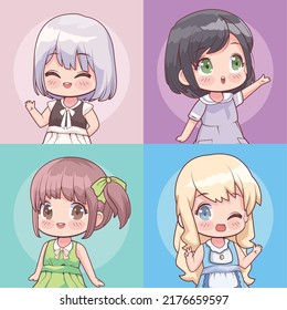 four little girls anime style characters