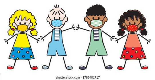 Four little kids at mask, friendship, vector illustration