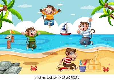 Four little monkeys jumping in the beach scene illustration