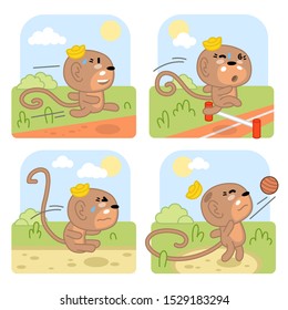 Vier kleine Affen, die Outdoor-Sportarten wie Laufen, Hurdle-Rennen, Springen und Werfen eines Balles ausüben (flache farbige Kawaii-Abbildung)
