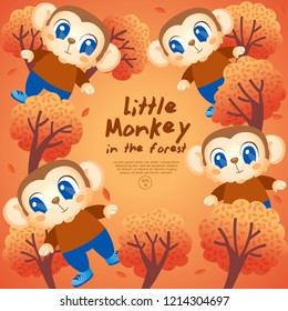 Four little monkeys standing in the forest : Vector Illustration