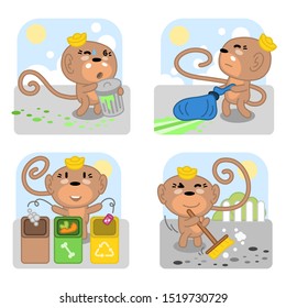 Four little monkeys taking care of rubbish and cleaning (vector illustration in kawaii style)