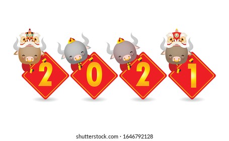 Four little ox holding a sign golden, Happy new year 2021 year of the ox zodiac, Cartoon isolated vector illustration on white background