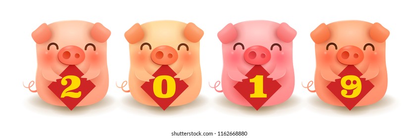 Four little pigs with 2019 sign. Chinese New Year. The year of the pig. 