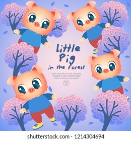 Four little pigs standing in the forest : Vector Illustration