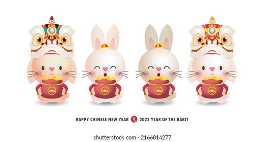 Four little rabbit holding bag of gold chinese new year 2023 year of the rabbit zodiac, gong xi fa cai Cartoon isolated on white background vector illustration, Translation happy chinese New Year