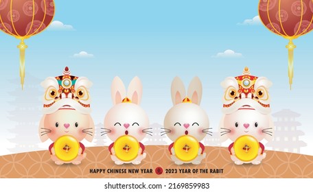 Four little rabbit holding coins of gold chinese new year 2023 year of the rabbit zodiac, gong xi fa cai Cartoon isolated on white background vector illustration, Translation happy chinese New Year