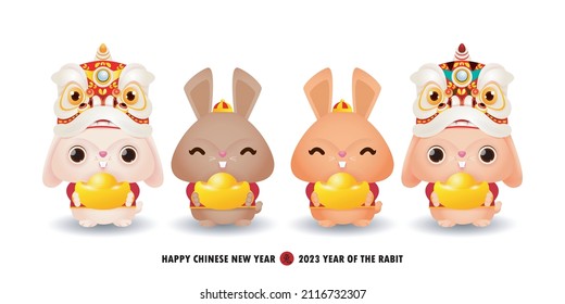 Four little rabbit holding golden ingots chinese new year 2023 year of the rabbit zodiac, gong xi fa cai Cartoon isolated on white background vector illustration, Translation happy chinese New Year