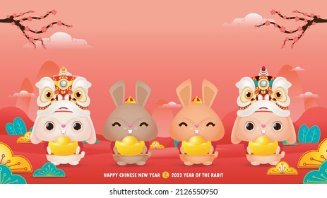 Four little rabbit holding golden ingots chinese new year 2023 year of the rabbit zodiac, gong xi fa cai Cartoon isolated on white background vector illustration, Translation happy chinese New Year