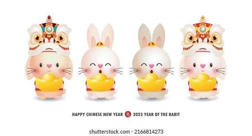 Four little rabbit holding golden ingots chinese new year 2023 year of the rabbit zodiac, gong xi fa cai Cartoon isolated on white background vector illustration, Translation happy chinese New Year