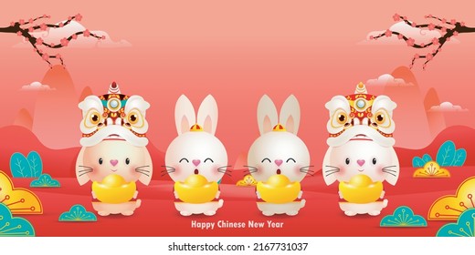 Four little rabbit holding golden ingots chinese new year 2023 year of the rabbit zodiac, gong xi fa cai Cartoon isolated on white background vector illustration, Translation happy chinese New Year