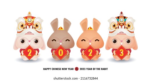 Four little rabbit holding sign golden Happy chinese new year 2023 year of the rabbit zodiac, gong xi fa cai Cartoon isolated on white background vector illustration,Translation happy chinese New Year