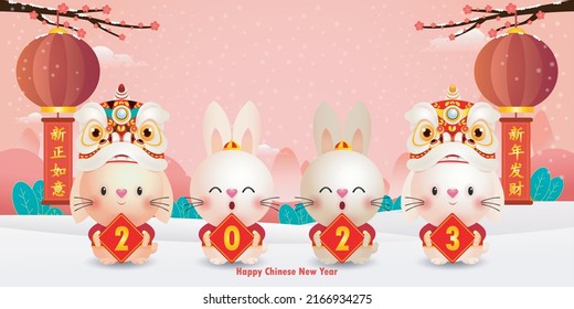 Four little rabbit holding sign golden Happy chinese new year 2023 year of the rabbit zodiac, gong xi fa cai Cartoon isolated on white background vector illustration,Translation happy chinese New Year