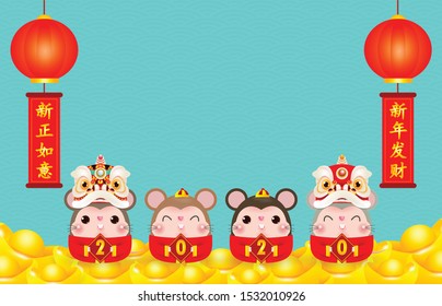 Four little rats holding a sign golden, Happy new year 2020 year of the rat zodiac, Cartoon isolated vector illustration, Translation: Greetings of the New Year. Wishing you all success and wealth