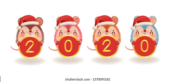 
Four little rats with sign 2020. Christmas and New Year's Day. Rats holding signs number of the golden and red. Chinese characters. Happy New Year.