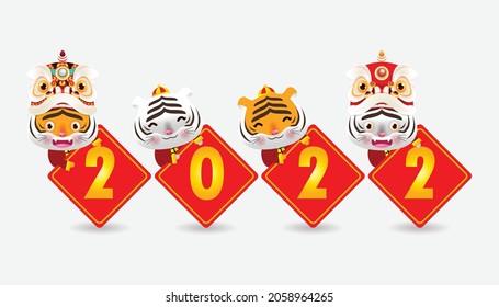 Four little tiger holding a sign golden, Happy new year 2022 year of the tiger zodiac, Cartoon isolated vector illustration on white background