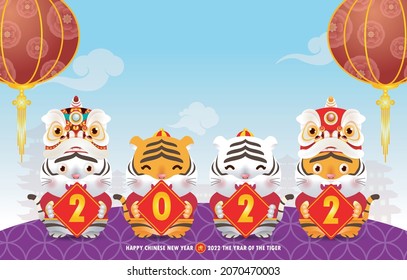 Four little tiger holding a sign golden and gold ingots, Happy chinese new year 2022 year of the tiger zodiac, gong xi fa cai Cartoon isolated vector illustration, Translation chinese New Year.