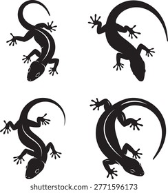 Four lizards in different crawling poses. Reptile silhouette.