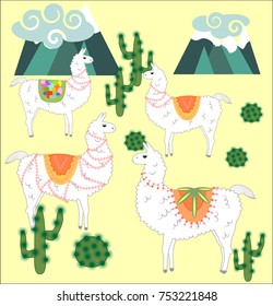 Four Llama, alpaca of white color, with bright saddles against the background of mountains, cacti, clouds