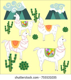 Four Llama, alpaca of white color, with bright saddles against the background of mountains, cacti, clouds