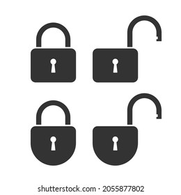 Cuatro bloqueos cerrados y iconos abiertos. Señales de candados aislados sobre fondo blanco. Seguridad de los símbolos. Ilustración del vector