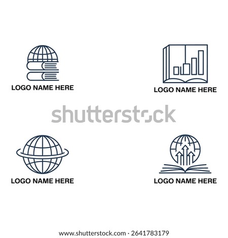 Four logo designs featuring books globe and financial growth charts