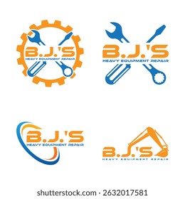 Four logo designs for “B.J.'S Heavy Equipment Repair” with construction tools, gear, swoosh, and excavator graphics